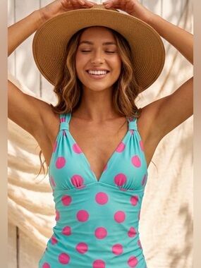 Woman’s Sleeveless Aqua Blue w/large Pink Polka Dots Top Adjustable Straps XS